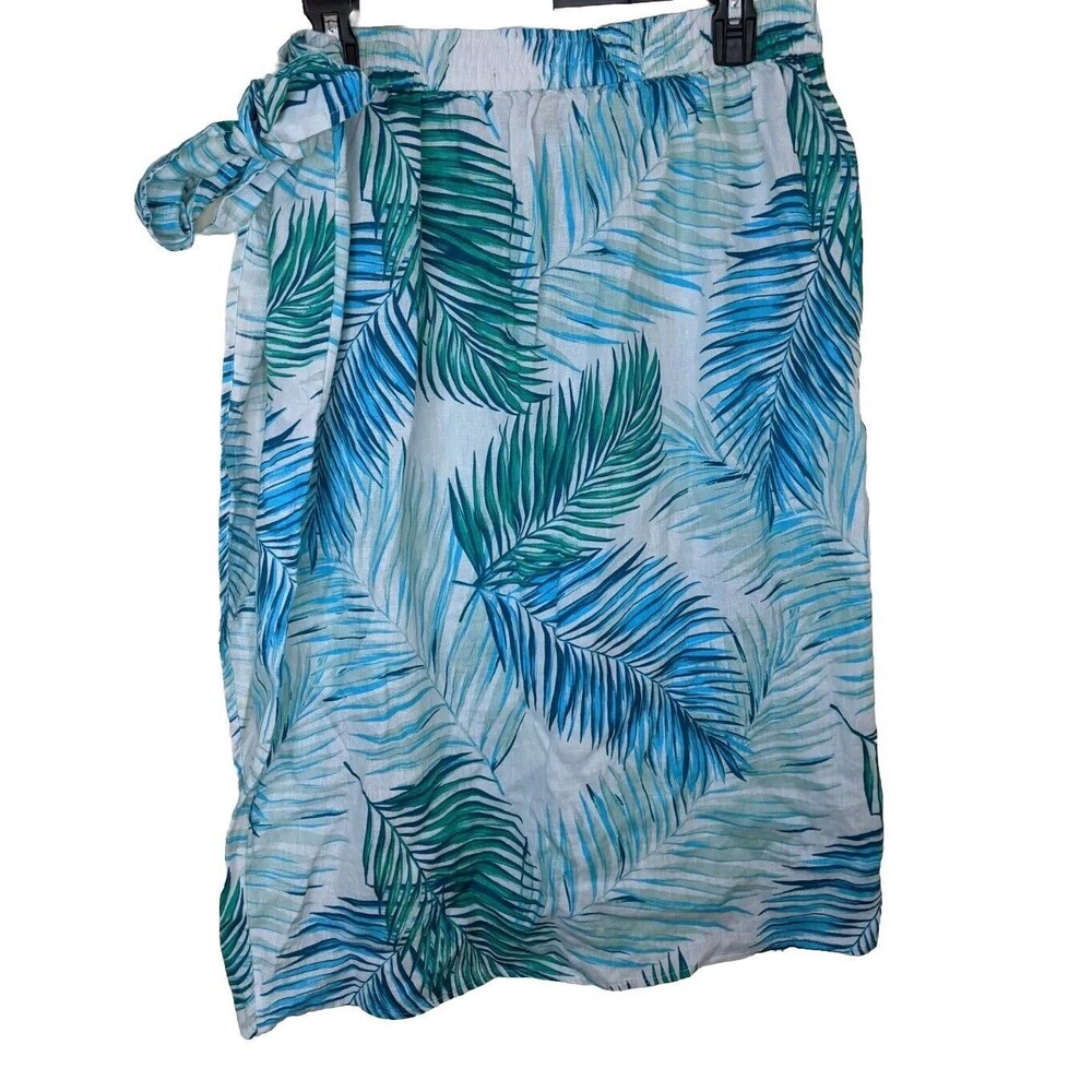 Tahari Midi Wrap Skirt 100% Linen Palm Leaves Tropical Vacation Elastic Back XL